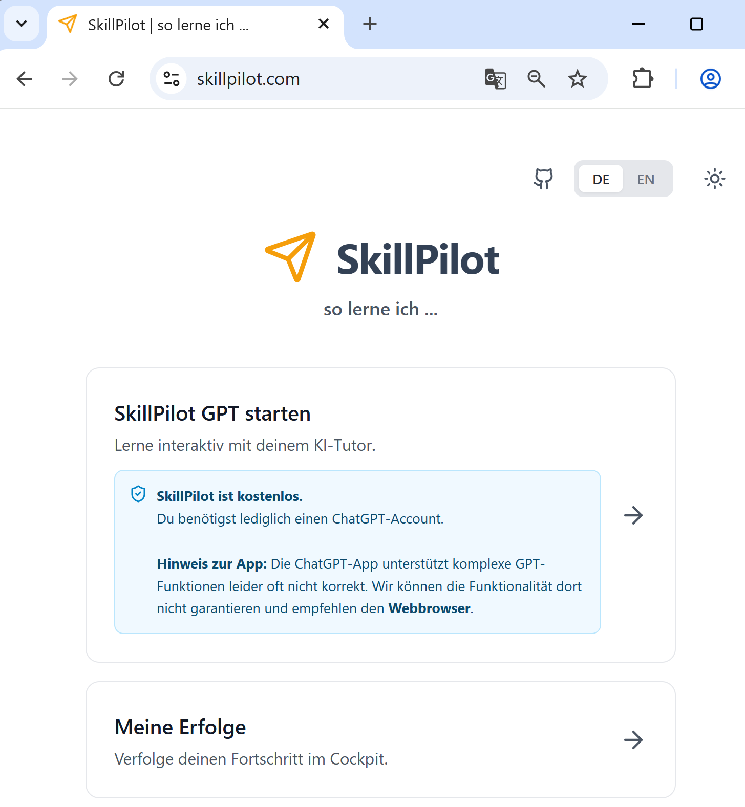 SkillPilot Startseite mit Kacheln