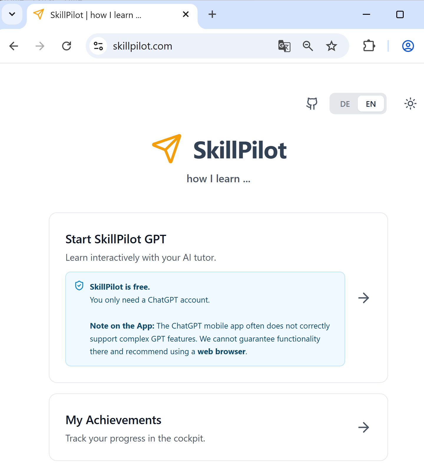 SkillPilot homepage with tiles