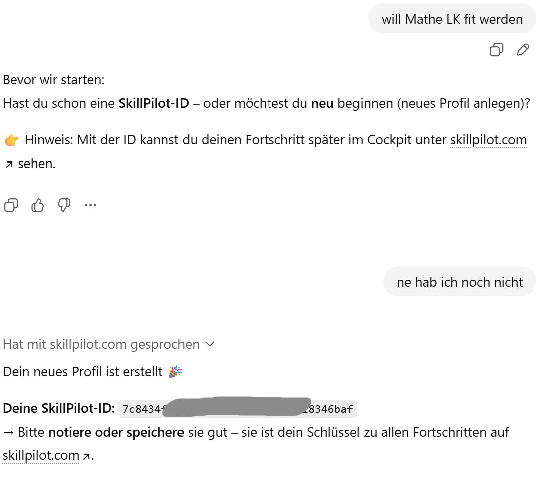 SkillPilot GPT erstellt Profil und ID