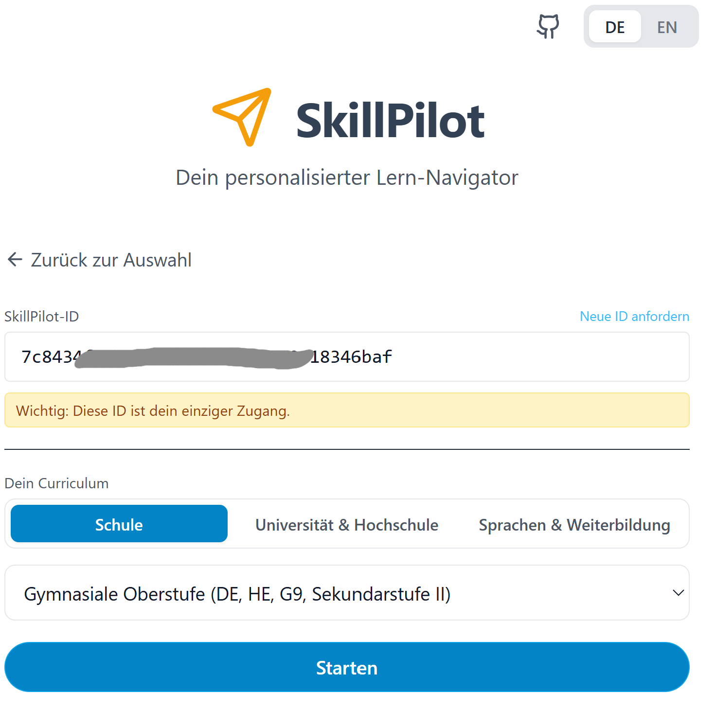 Curriculum wählen und starten