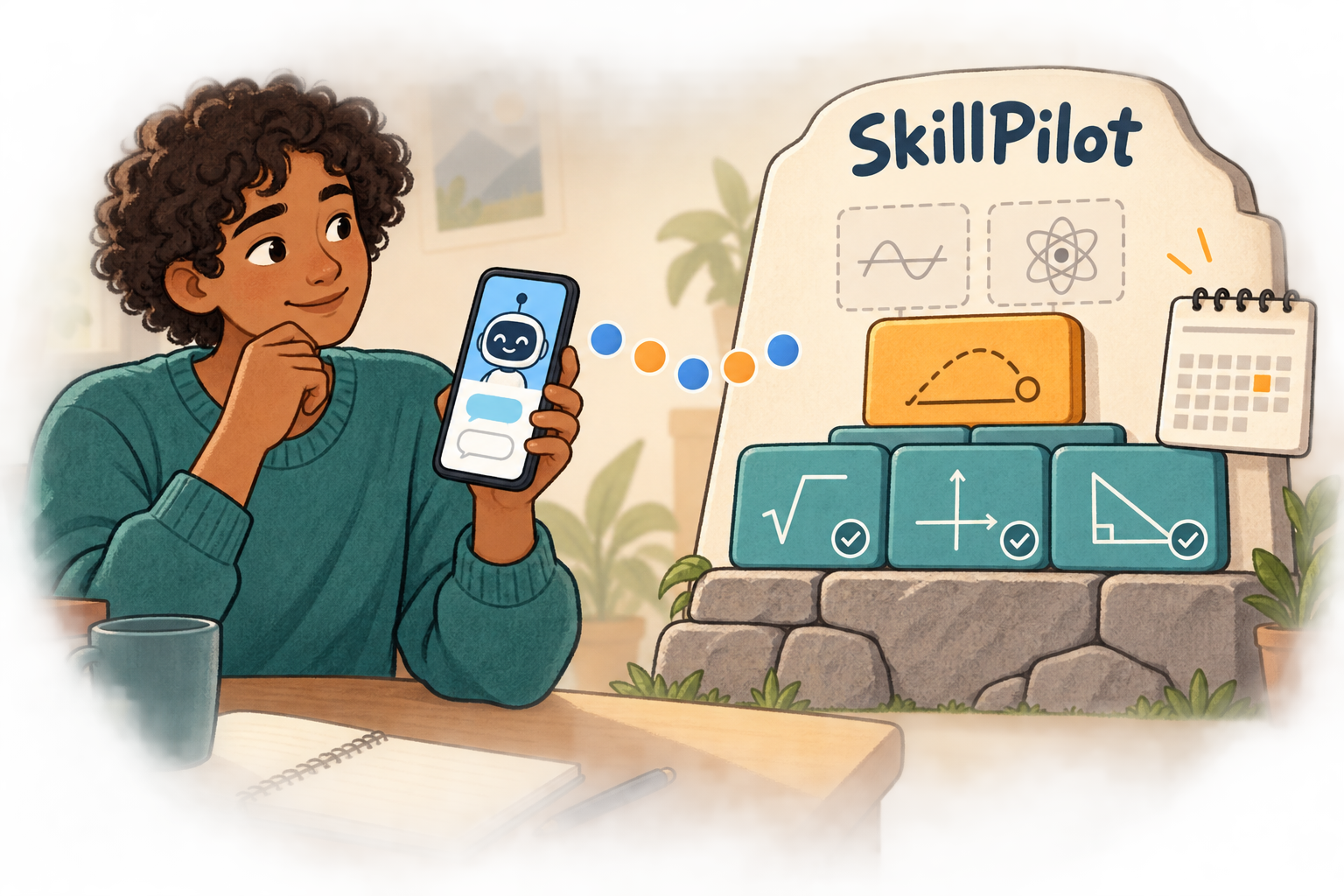 Der Coach auf dem Handy steht mit einer separaten SkillPilot-Lernlandkarte in Verbindung: erreichte Grundlagen, ein aktives Lernziel und ein Plan