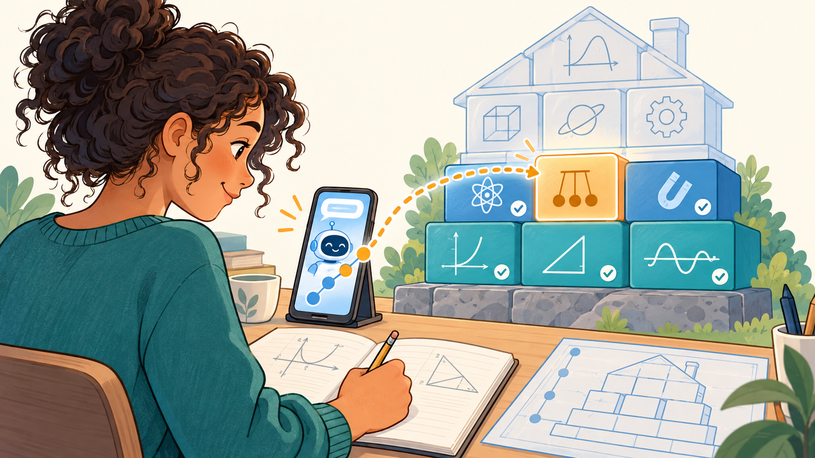 Eine Lernende arbeitet am Handy und auf Papier; ihr Wissen wächst wie ein Haus aus tragfähigen Lernzielbausteinen